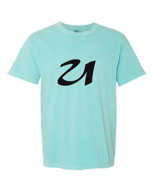Alphabet U T-Shirt 9 inch calligraphy Black ink, Chalky Mint