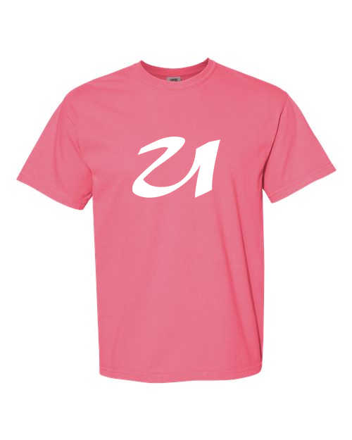 Alphabet U T-Shirt 9 inch calligraphy White ink, Crunchberry