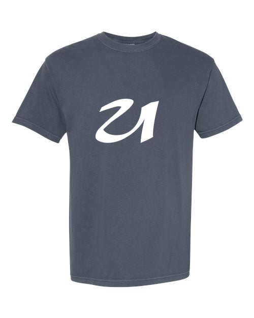 Alphabet U T-Shirt 9 inch calligraphy White ink, Denim