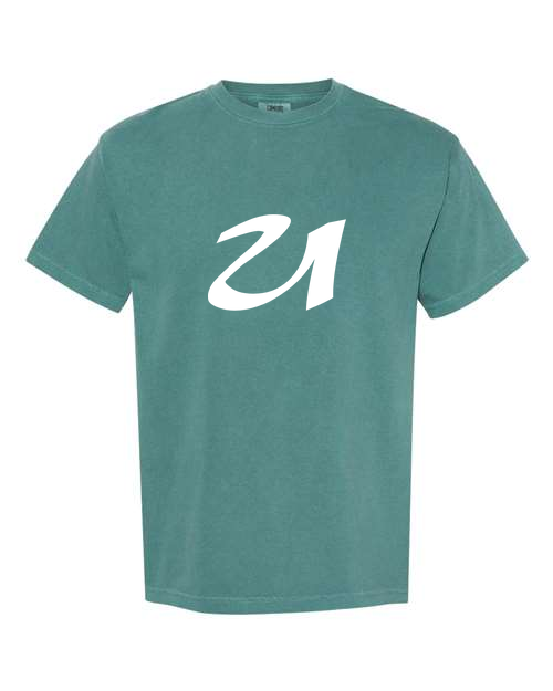 Alphabet U T-Shirt 9 inch calligraphy White ink, Emerald