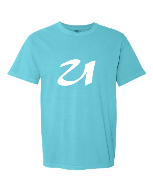 Alphabet U T-Shirt 9 inch calligraphy White ink, Lagoon