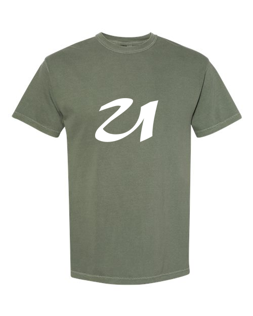 Alphabet U T-Shirt 9 inch calligraphy White ink, Moss