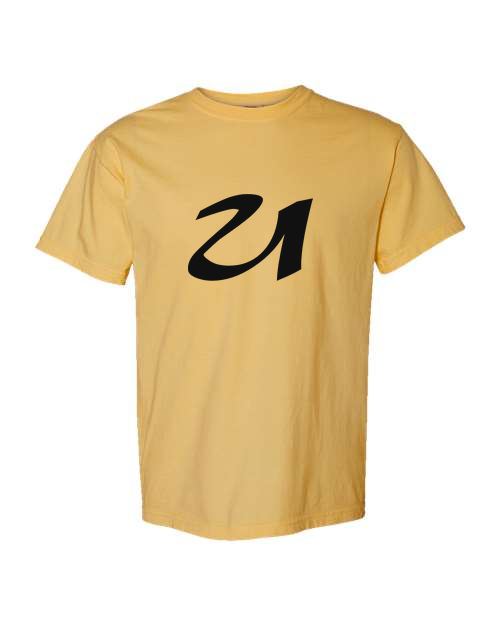 Alphabet U T-Shirt 9 inch calligraphy Black ink, Mustard