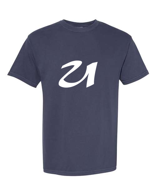Alphabet U T-Shirt 9 inch calligraphy White ink, Navy
