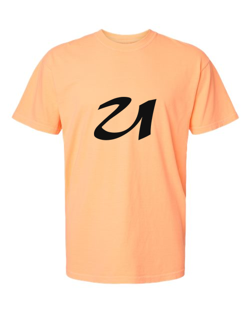 Alphabet U T-Shirt 9 inch calligraphy Black ink, Neon Cantaloupe