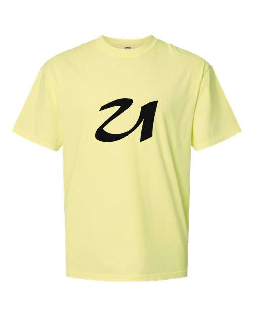Alphabet U T-Shirt 9 inch calligraphy Black ink, Neon Lemon