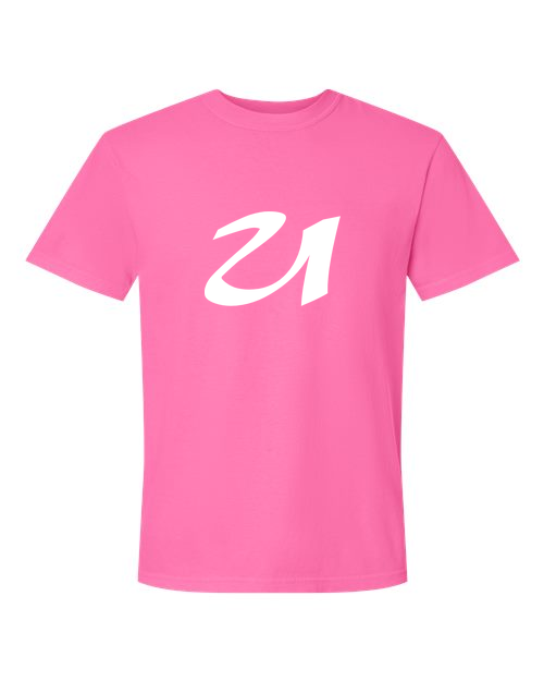 Alphabet U T-Shirt 9 inch calligraphy White ink, Neon Pink