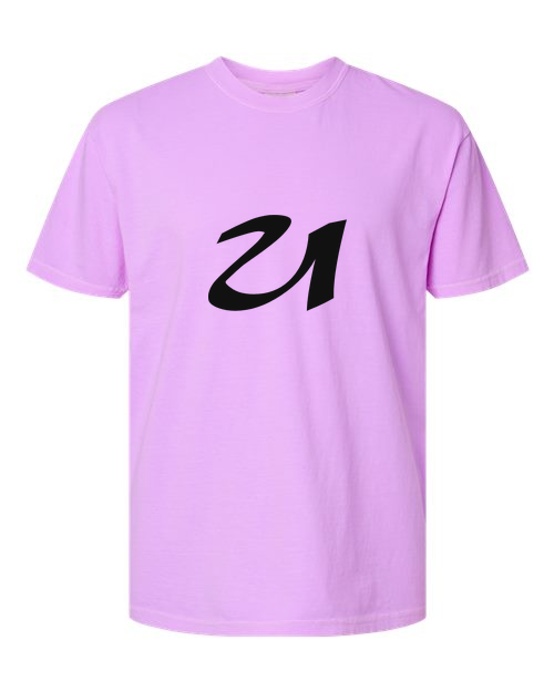 Alphabet U T-Shirt 9 inch calligraphy Black ink, Neon Violet
