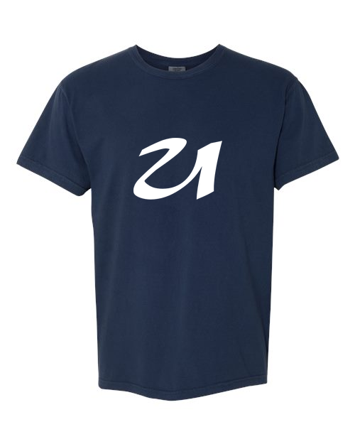 Alphabet U T-Shirt 9 inch calligraphy White ink, True Navy