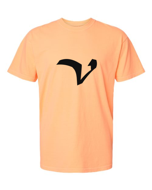 Alphabet V T-Shirt 9 inch calligraphy Black ink, Neon Cantaloupe