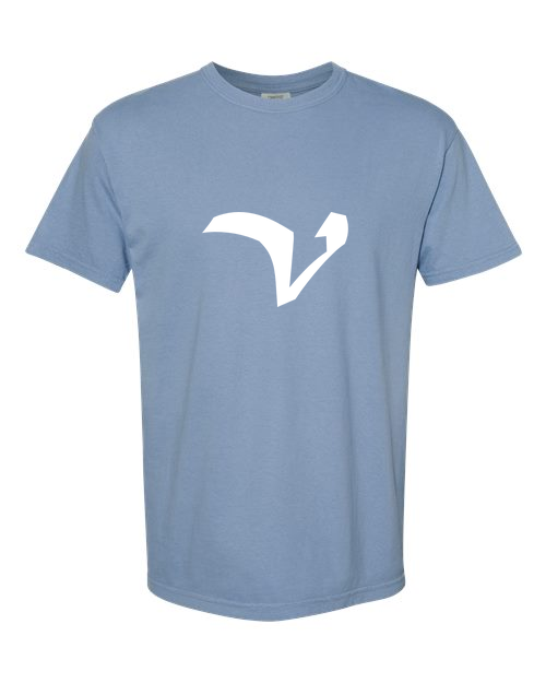 Alphabet V T-Shirt 9 inch calligraphy White ink, Washed Denim