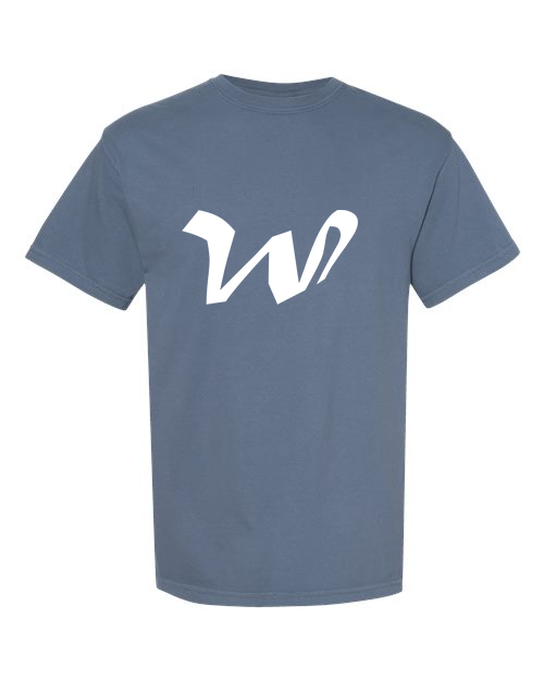 Alphabet W T-Shirt 9 inch calligraphy White ink, Blue Jean