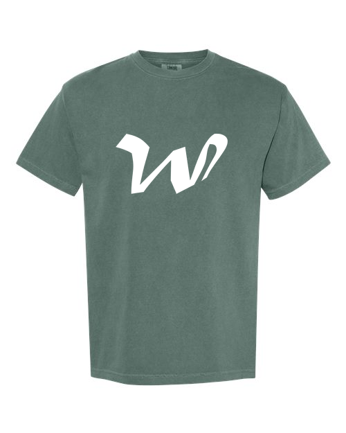 Alphabet W T-Shirt 9 inch calligraphy White ink, Blue Spruce