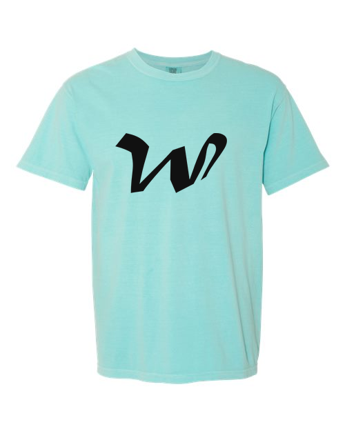 Alphabet W T-Shirt 9 inch calligraphy Black ink, Chalky Mint