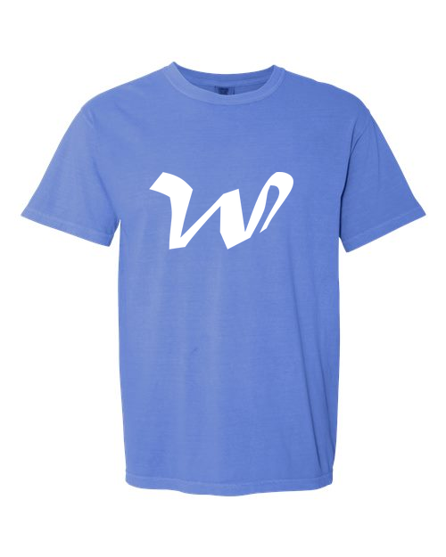 Alphabet W T-Shirt 9 inch calligraphy White ink, Flo Blue