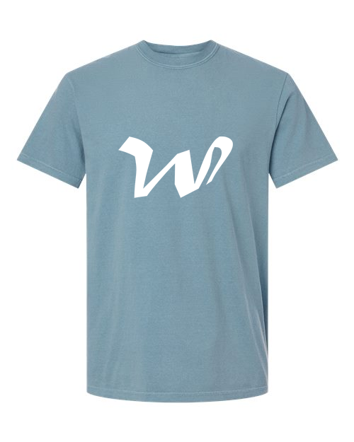 Alphabet W T-Shirt 9 inch calligraphy White ink, Ice Blue