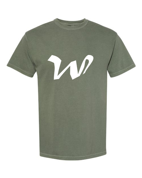 Alphabet W T-Shirt 9 inch calligraphy White ink, Moss