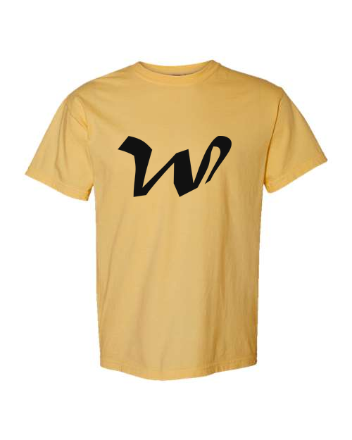 Alphabet W T-Shirt 9 inch calligraphy Black ink, Mustard