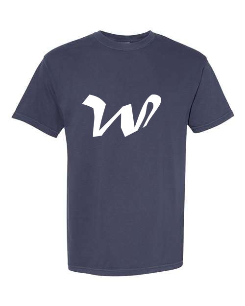 Alphabet W T-Shirt 9 inch calligraphy White ink, Navy