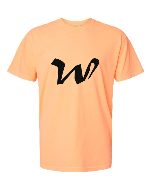 Alphabet W T-Shirt 9 inch calligraphy Black ink, Neon Cantaloupe