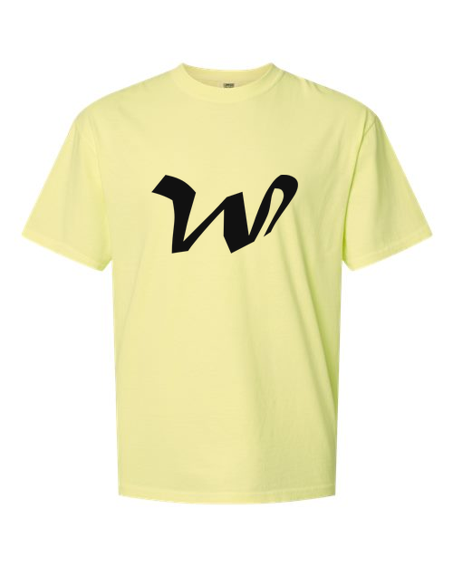 Alphabet W T-Shirt 9 inch calligraphy Black ink, Neon Lemon