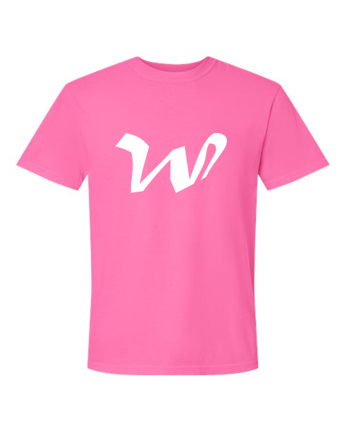 Alphabet W T-Shirt 9 inch calligraphy White ink, Neon Pink