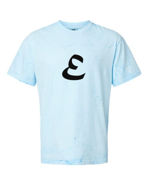 Alphabet E T-Shirt 9 inch calligraphy Black ink, Fiji Blue