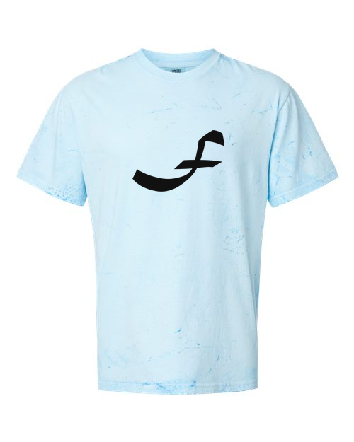 Alphabet F T-Shirt 9 inch calligraphy Black ink, Fiji Blue