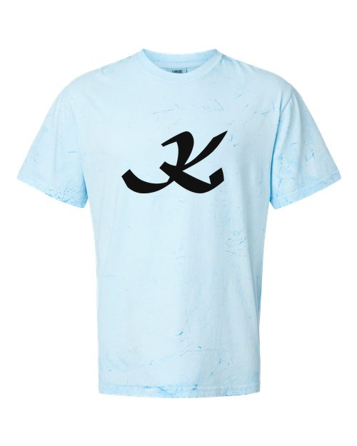 Alphabet K T-Shirt 9 inch calligraphy Black ink, Fiji Blue