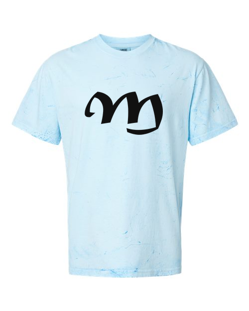 Alphabet M T-Shirt 9 inch calligraphy Black ink, Fiji Blue