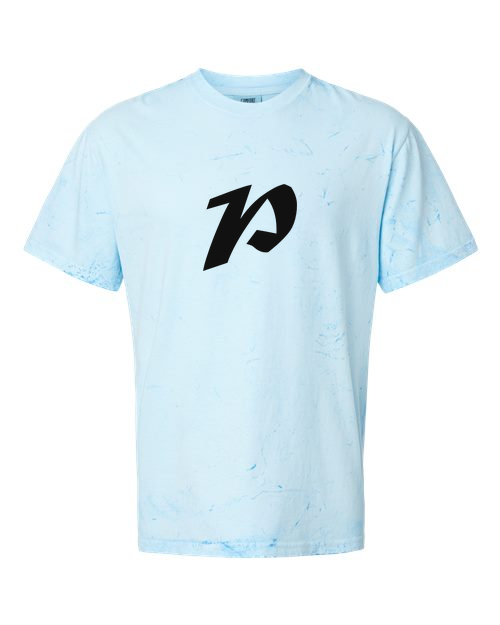 Alphabet P T-Shirt 9 inch calligraphy Black ink, Fiji Blue