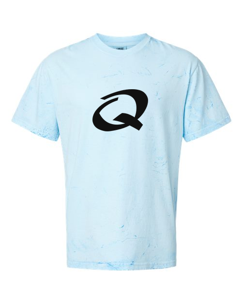 Alphabet Q T-Shirt 9 inch calligraphy Black ink, Fiji Blue