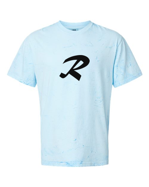 Alphabet R T-Shirt 9 inch calligraphy Black ink, Fiji Blue