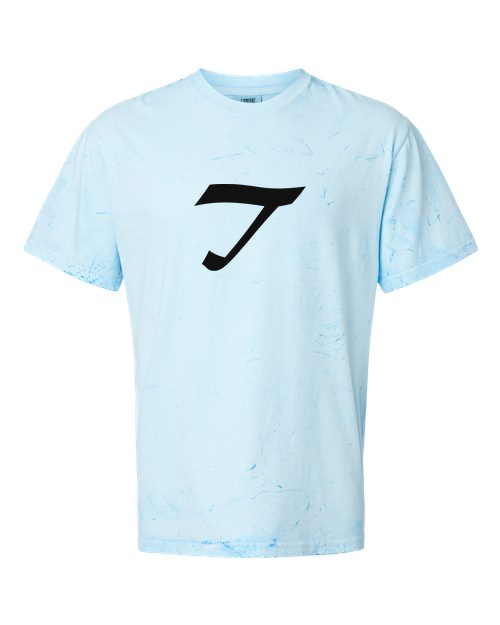 Alphabet T T-Shirt 9 inch calligraphy Black ink, Fiji Blue