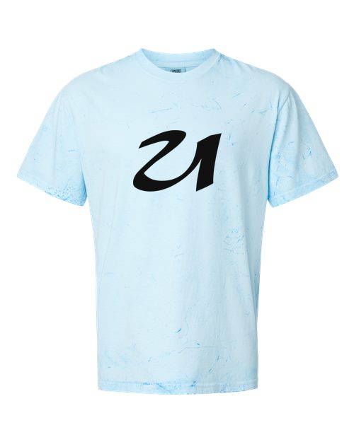 Alphabet U T-Shirt 9 inch calligraphy Black ink, Fiji Blue
