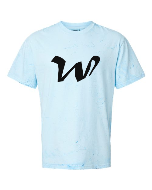 Alphabet W T-Shirt 9 inch calligraphy Black ink, Fiji Blue