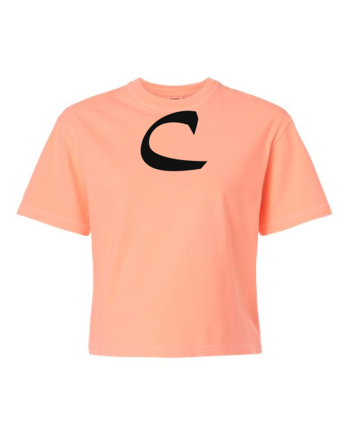 Alphabet C T-Shirt 9 inch calligraphy Black ink, Neon Cantaloupe