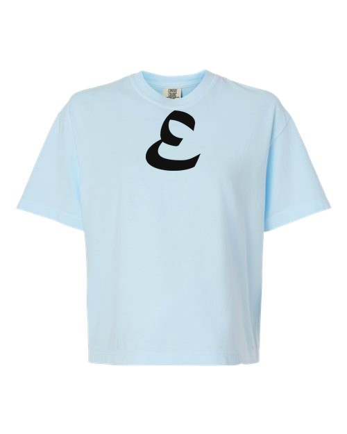 Alphabet E T-Shirt 9 inch calligraphy Black ink, Chambray