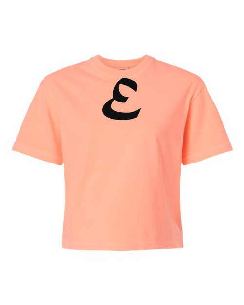 Alphabet E T-Shirt 9 inch calligraphy Black ink, Neon Cantaloupe