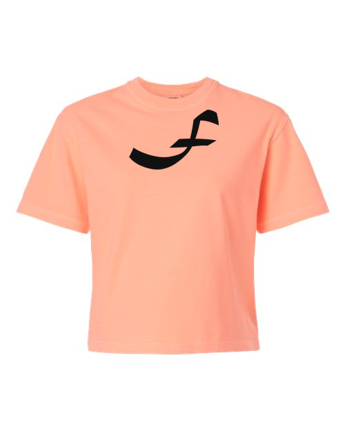 Alphabet F T-Shirt 9 inch calligraphy Black ink, Neon Cantaloupe