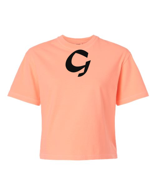 Alphabet G T-Shirt 9 inch calligraphy Black ink, Neon Cantaloupe