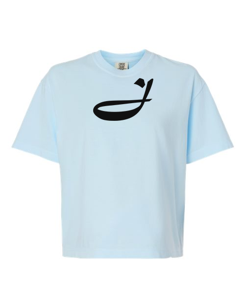 Alphabet J T-Shirt 9 inch calligraphy Black ink, Chambray