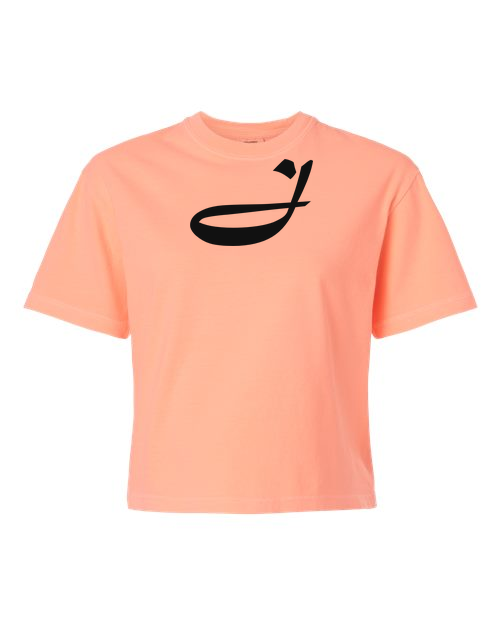 Alphabet J T-Shirt 9 inch calligraphy Black ink, Neon Cantaloupe