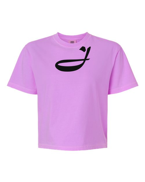 Alphabet J T-Shirt 9 inch calligraphy Black ink, Neon Violet