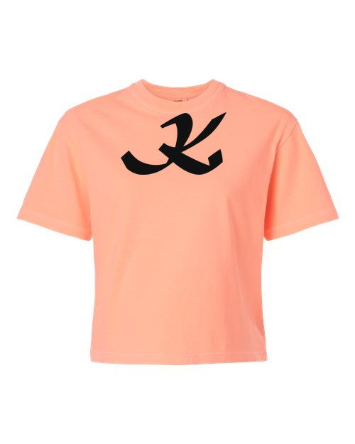 Alphabet K T-Shirt 9 inch calligraphy Black ink, Neon Cantaloupe