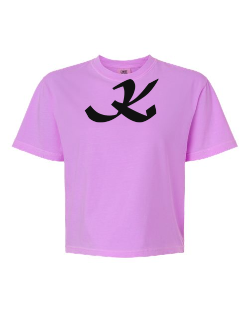 Alphabet K T-Shirt 9 inch calligraphy Black ink, Neon Violet