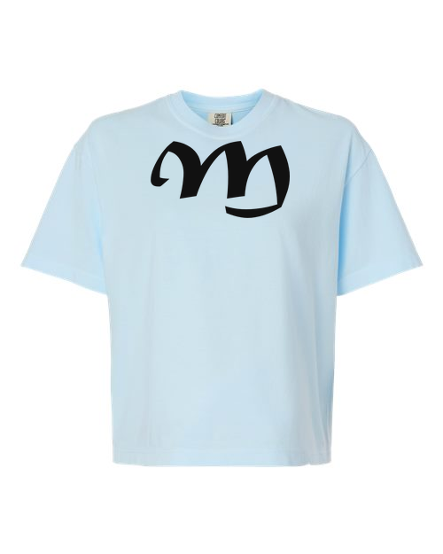 Alphabet M T-Shirt 9 inch calligraphy Black ink, Chambray