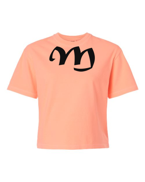 Alphabet M T-Shirt 9 inch calligraphy Black ink, Neon Cantaloupe