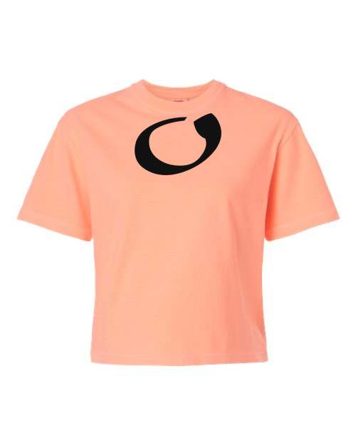 Alphabet O T-Shirt 9 inch calligraphy Black ink, Neon Cantaloupe