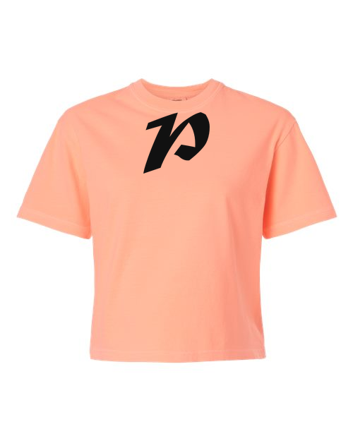 Alphabet P T-Shirt 9 inch calligraphy Black ink, Neon Cantaloupe